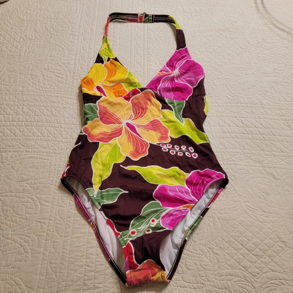 Raisins Floral Halter Neck One Piece Swimsuit Sz L